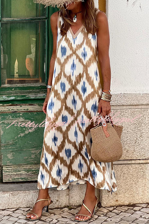 Irregular Print Elastic Waist V Neck Slit Maxi Dress