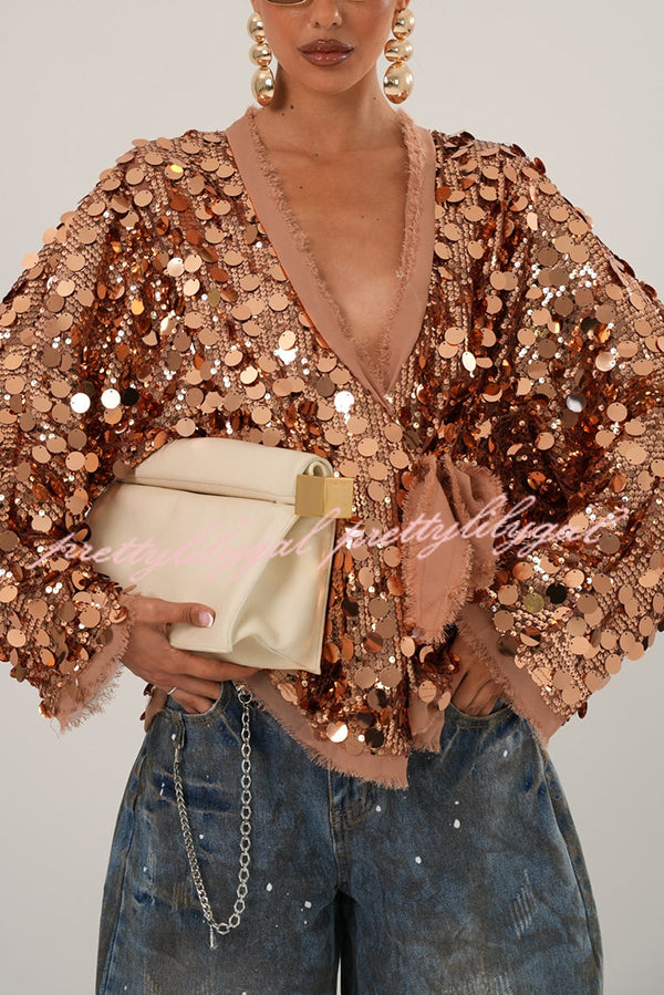 Fashion Sequined Long-sleeved V-neck Loose Lace-up Cardigan