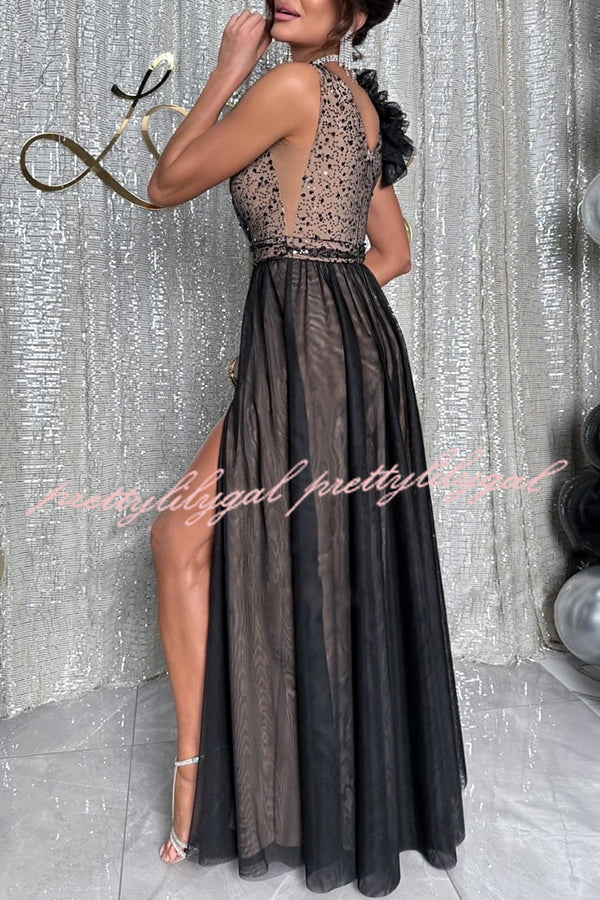 Everlasting Party Sequin Tulle Ruffles Shoulder Design Slit Maxi Dress