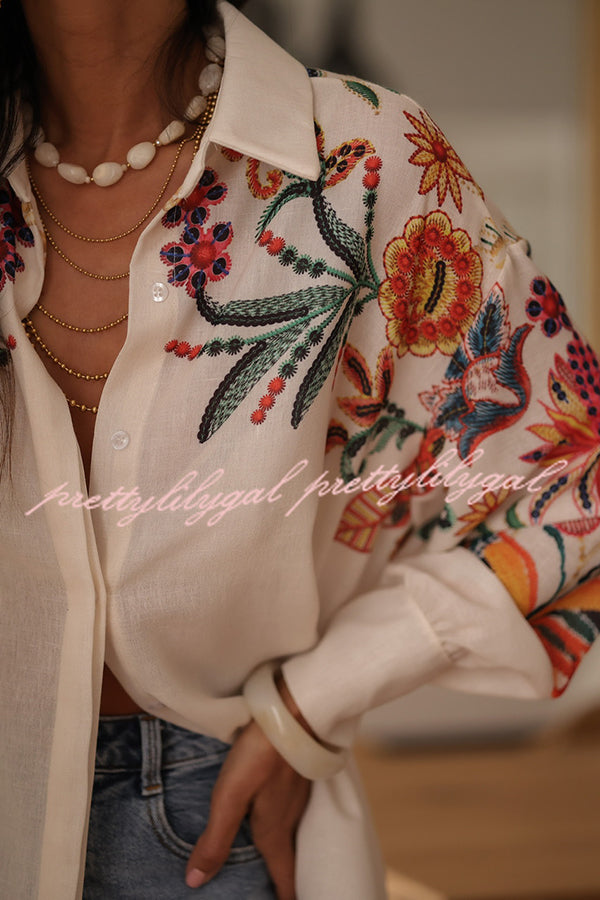 Botanical Print Loose Lapel Long Sleeve Casual Shirt