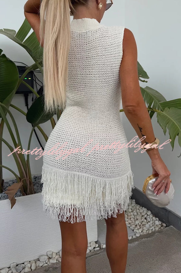 Fashion Knitted Round Neck Sleeveless Slim Fit Fringed Hem Mini Dress