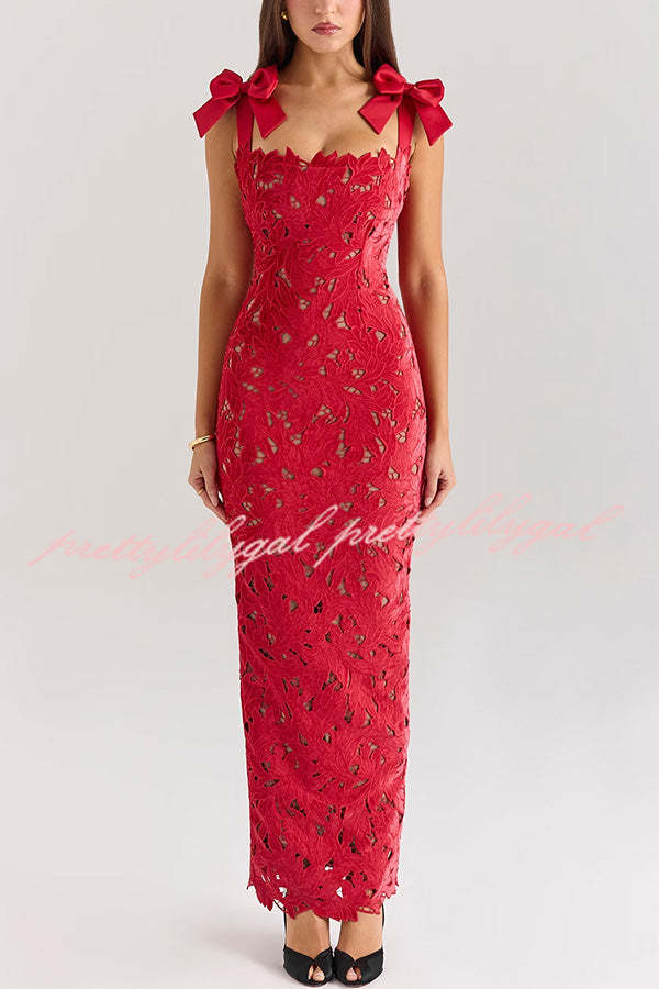 Holiday Intimacy Embroidered Floral Lace Bow Shoulder Straps Slit Maxi Dress