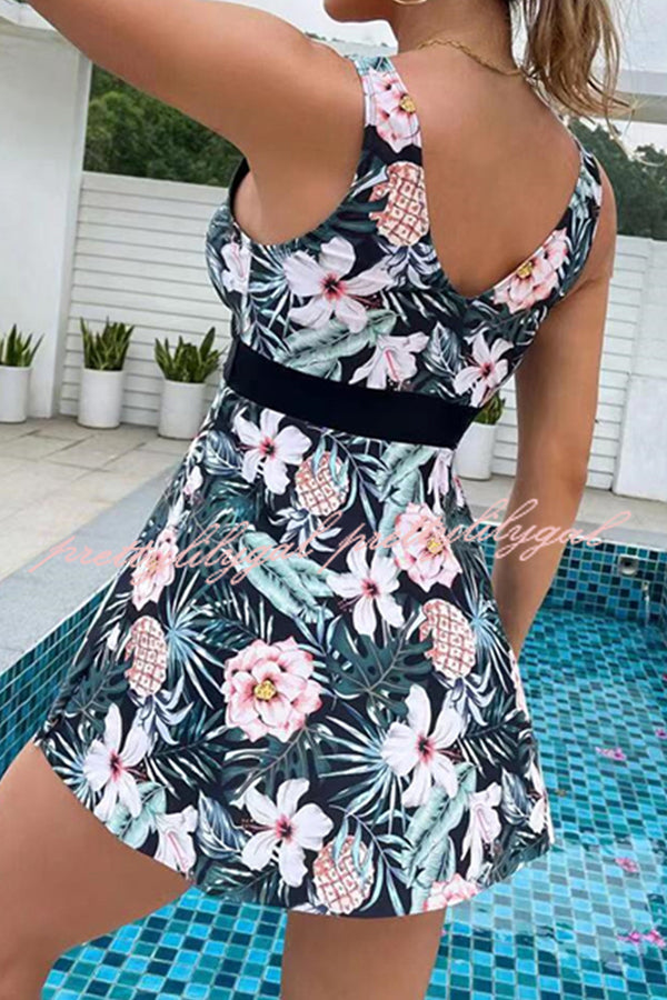 Cheerful Floral Print Bow Detail Tankini Swimsuit Set