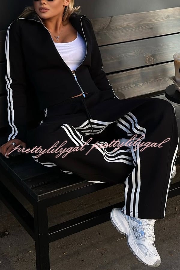 Fashionable Sports Style Striped Long-sleeved Jacket and Elastic Waist Casual Pants Set