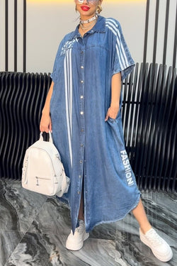Fashion Letter Print Lapel Cardigan Loose Maxi Dress