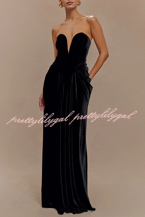 Paige Velvet Off Shoulder Side Pleated Hip Drape Maxi Dress