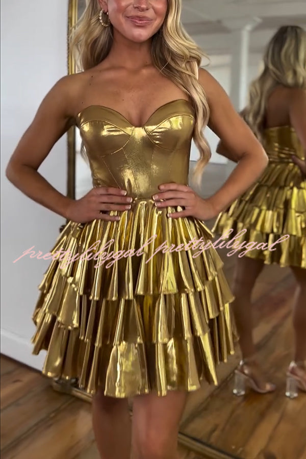 Like A Princess Metallic Fabric Off Shoulder Layered Rusffles Mini Dress