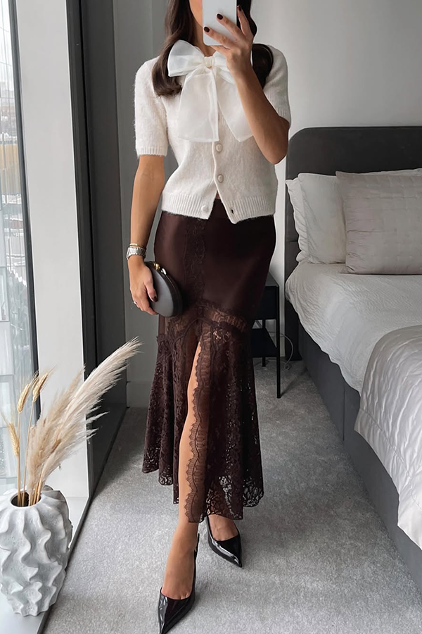 Cozy Sweet Darling Satin Lace Patchwork Mid Rise Slit Maxi Skirt