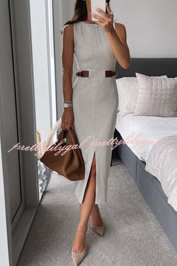 Workwear Day Contrast Color Belt Buckle Detail Slit Pencil Midi Dress