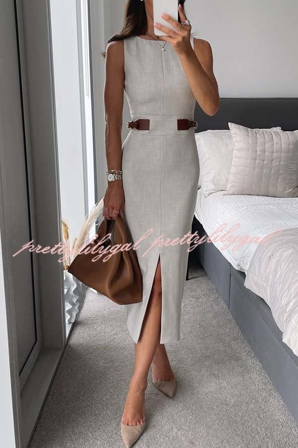 Workwear Day Contrast Color Belt Buckle Detail Slit Pencil Midi Dress