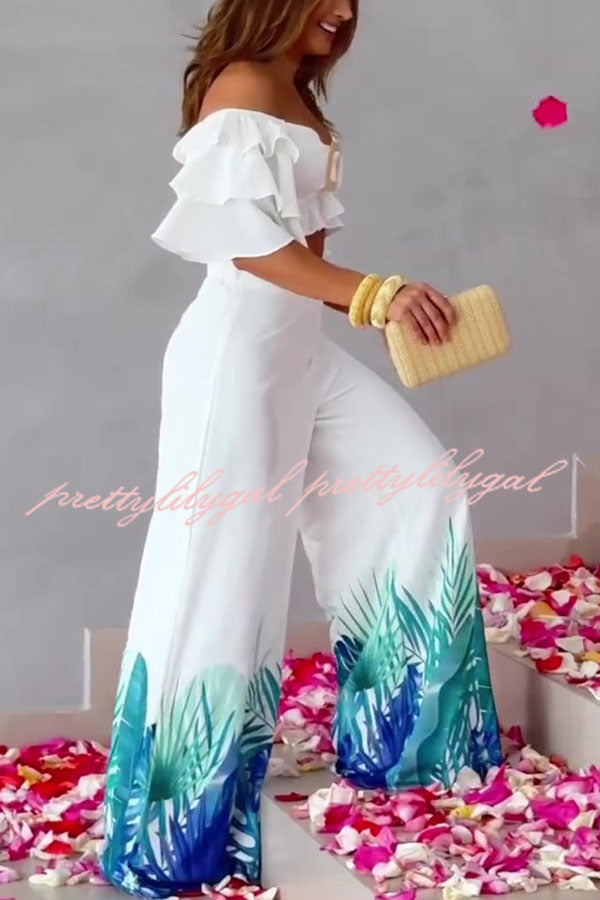 Sexy Off Shoulder Top and High Waisted Wide Leg Printed Pants Suit