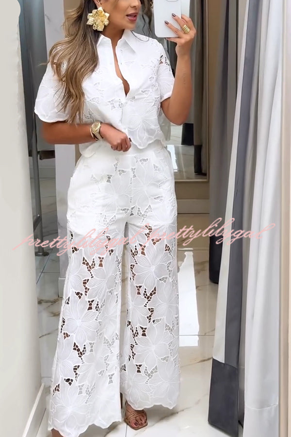 Solid Color Hollow Lace Lapel Short-sleeved Top and Elastic Waist Loose Pocket Pants Set