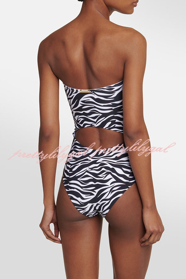 Marsie Zebra-print Ring Cutout Details Off Shoulder Stretch One-Piece Swimsuit