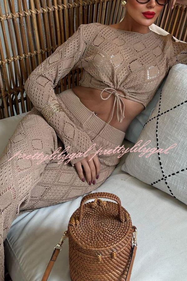 Solid Color Hollow Short Long-sleeved Top and Casual Stretch Wide-leg Pants Knitted Set