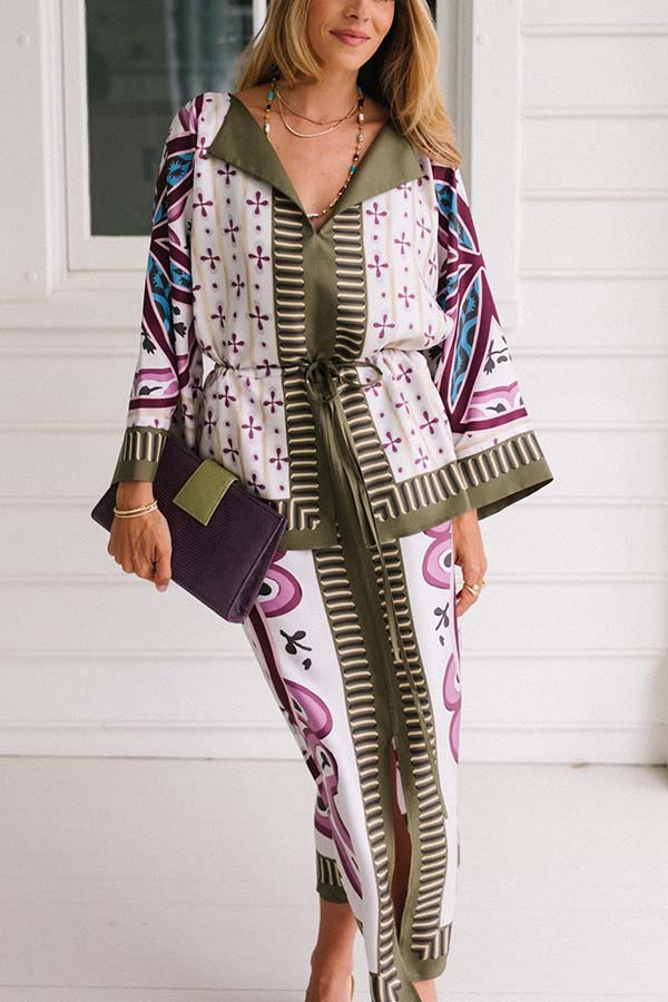 Texture and Elegance Satin Unique Print Bell Sleeve Drawstring Waist Slit Midi Dress