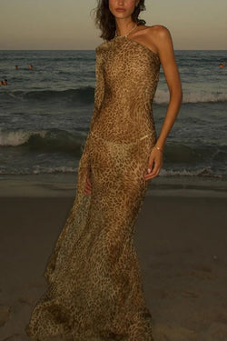 Leopard Print One Sleeve Sexy See-Through Fit Maxi Dress