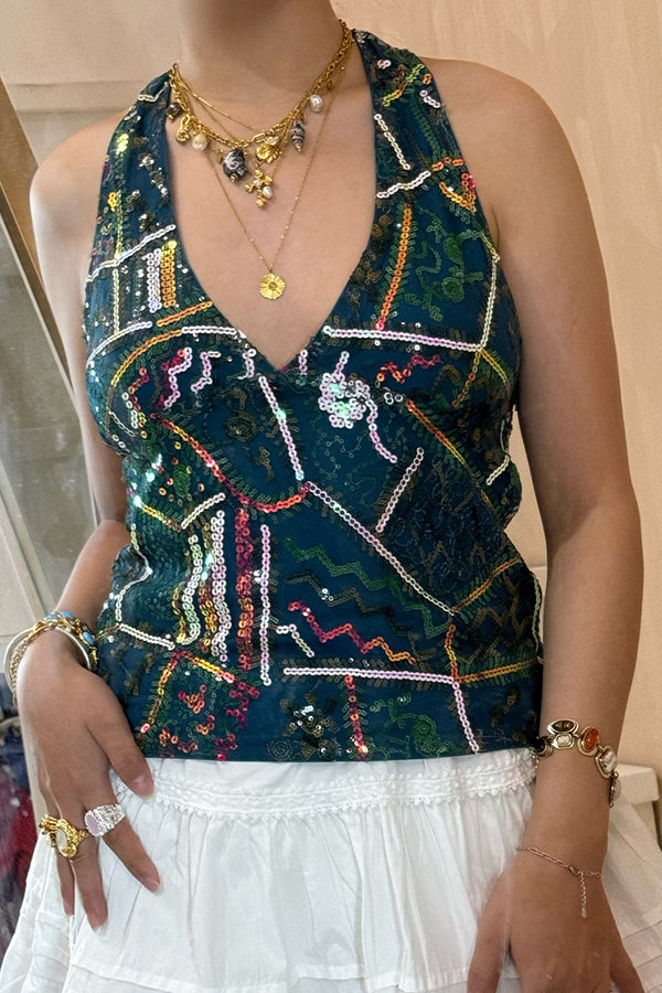 Fashion Sequined Casual V-neck Backless Slim Vest