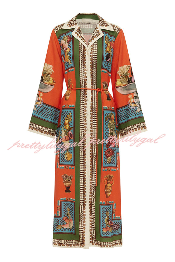 Linen Blend Unique Print Tie-waist Casual Maxi Dress