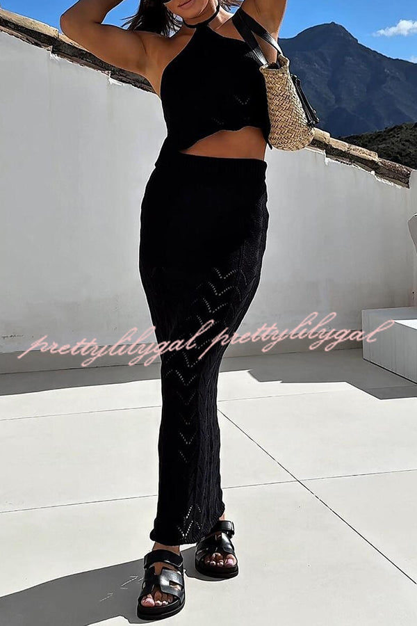 Solid Knit Hollow Halter Top and Stretch Fit Maxi Skirt Set