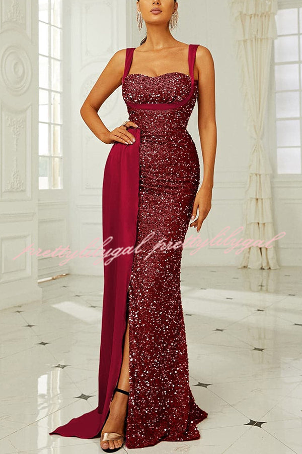 Banquet Sequined Backless Strappy Fishtail Maxi Dress