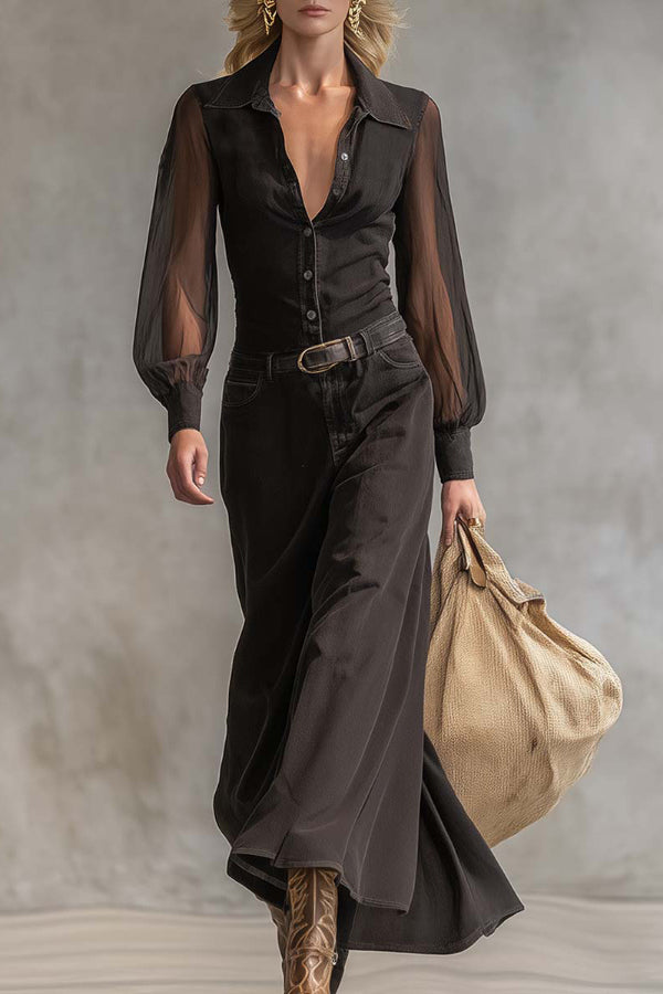 Fashionable Sheer Long-sleeved Casual Button-down Maxi Dress  prettylilygal