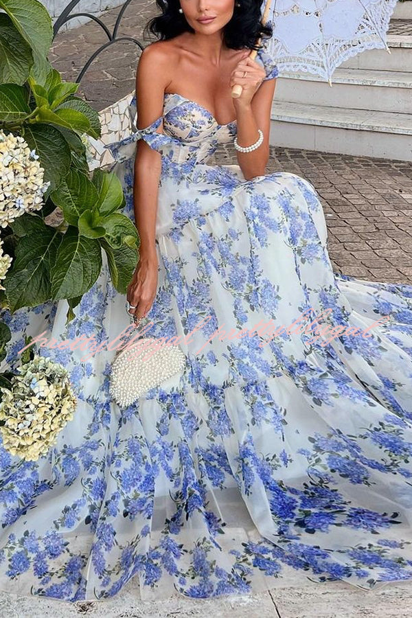 Floral Print Suspender Strappy Back Waist Cinching Organza