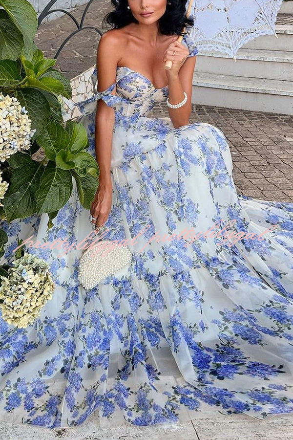 Fairytale Itself Organza Floral Print Tie Strap Maxi Dress