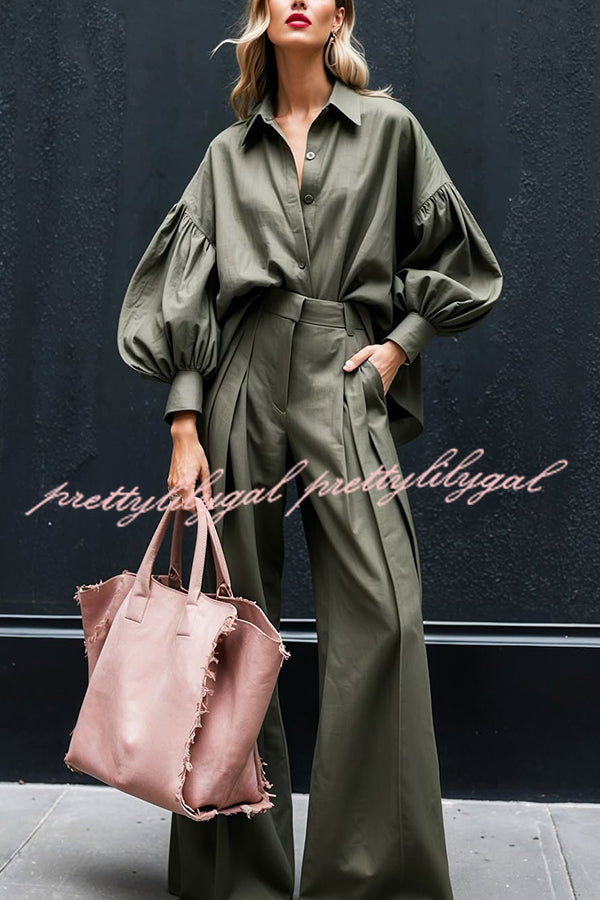 Solid Color Lapel Long-sleeved Loose Shirt and Casual Wide-leg Pants Set