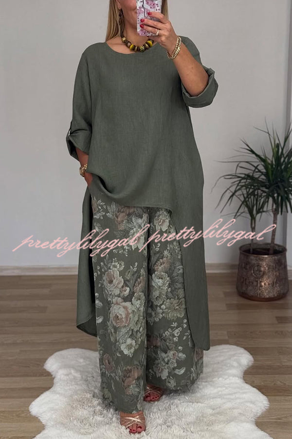 Linen Blend Crew Neck Long Sleeve Irregular Loose Top and Elastic Waist Floral Print Casual Pocket Set