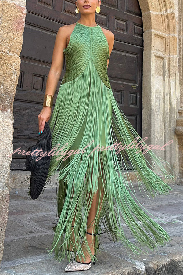 Fashion Sleeveless Halter Neck Elegant Tassel Slim Maxi Dress