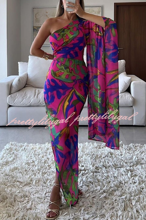 Colorful Printed One-sleeve Slim-fitting Slit Maxi Dress