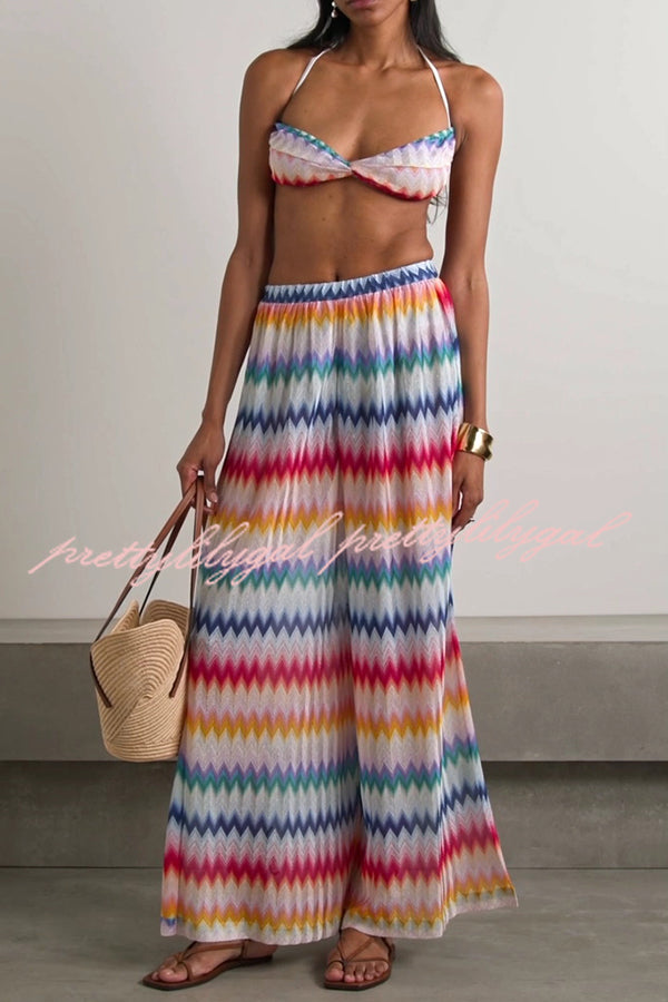 Colorful Zigzag Pattern Halter Neck Stretch Bikini and Elastic Waist Slit PantsThree-Piece Set