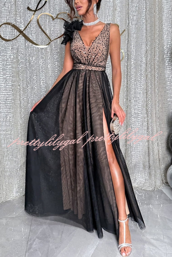 Everlasting Party Sequin Tulle Ruffles Shoulder Design Slit Maxi Dress