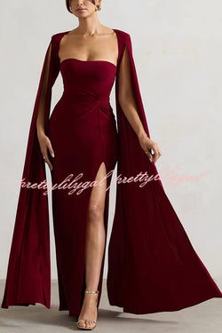 Elegant Goddess Square Neck Twisted Cape Sleeve Slit Maxi Dress