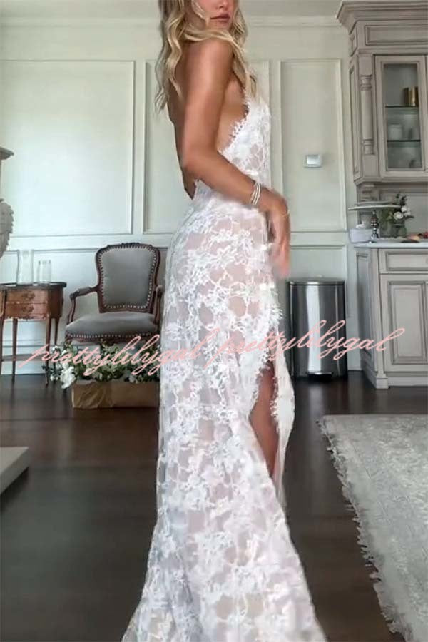 Cheongsam Style Lace Mandarin Halter Neck Backless Slit Maxi Dress