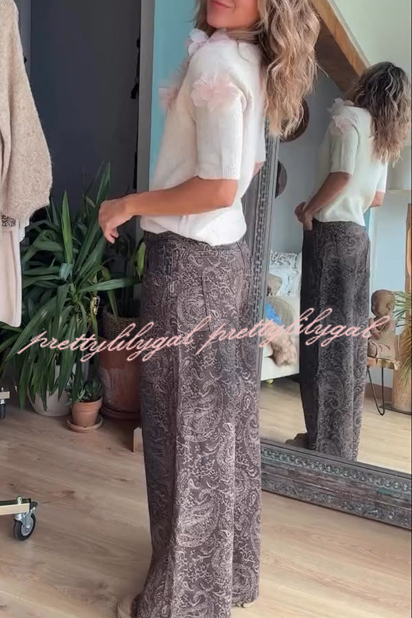 Alboran Knit Organza Flowers Detail Short Sleeve Loose Sweater