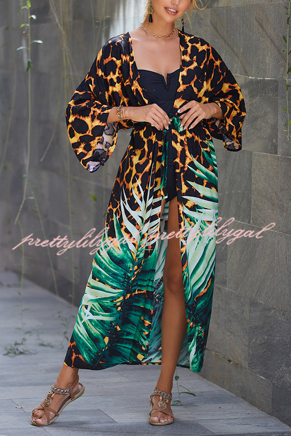 Unique Print Loose Lace Up Holiday Maxi Cover Up