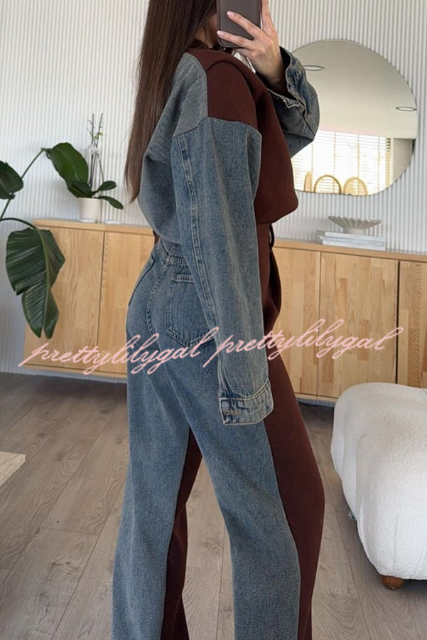 Sports Fashion Denim Patchwork Sweatshirt Fabric High Rise Pocket Loose Pants