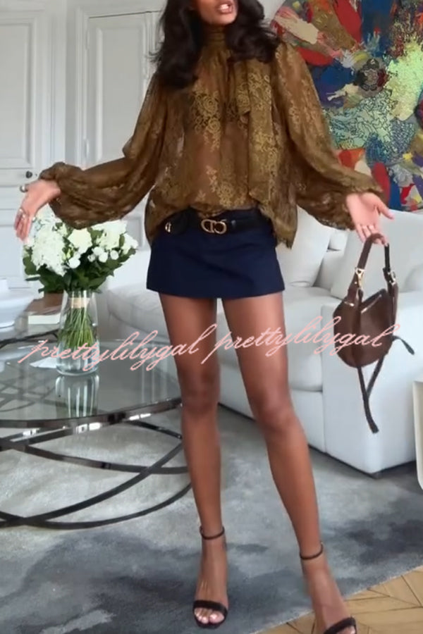 Reigna Semi-sheer Floral Lace Bow Neck Balloon Sleeve Loose Blouse