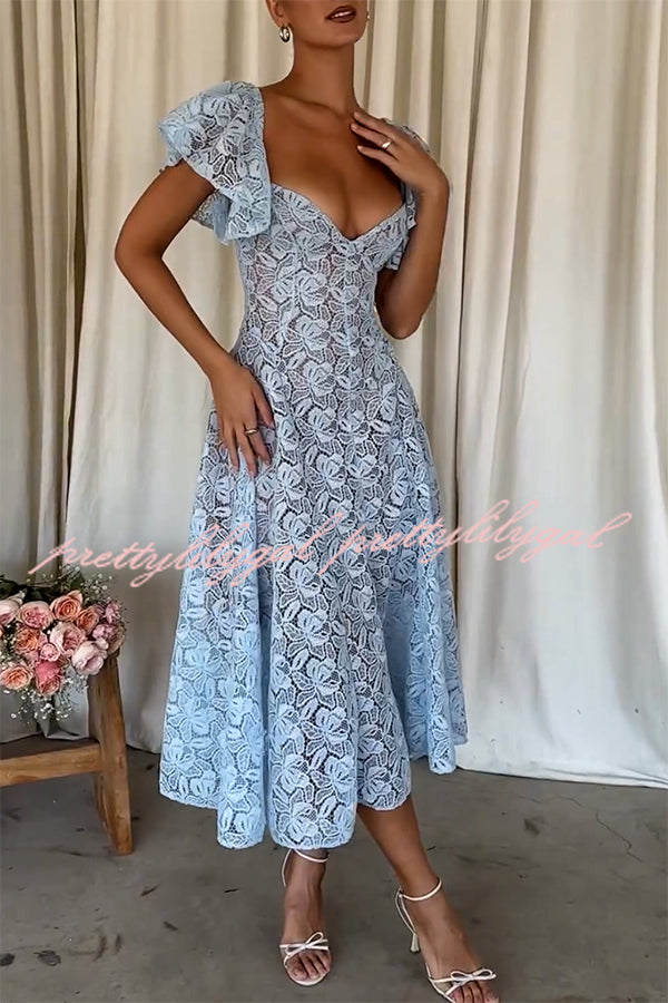 Romantic Atmosphere Bluebell Lace Butterfly Sleeve Sweetheart Neck Stretch Midi Dress