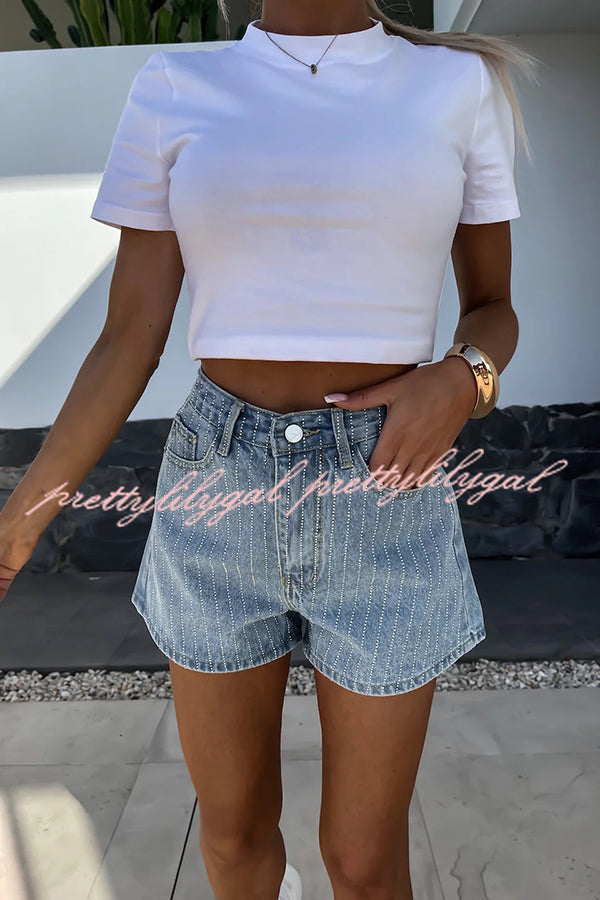 Fashion Rhinestone Loose Pocket Denim Shorts