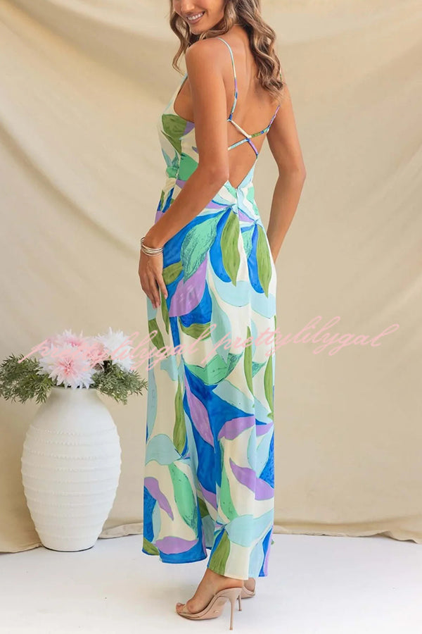 Botanical Print Sexy Sleeveless Open Back Maxi Dress