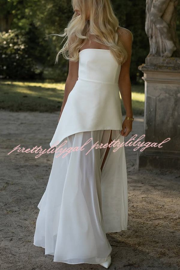 Monaco Off Shoulder Structured Top Chiffon Slit Hem Scarf Maxi Dress