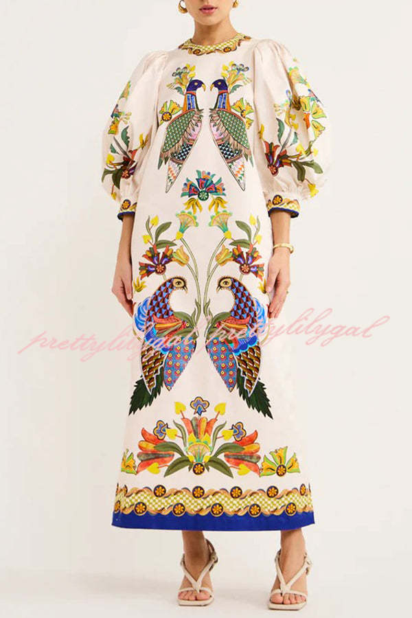 Garden Party Unique Heaven Bird Print Puff Sleeve Pocketed Loose Midi Dress