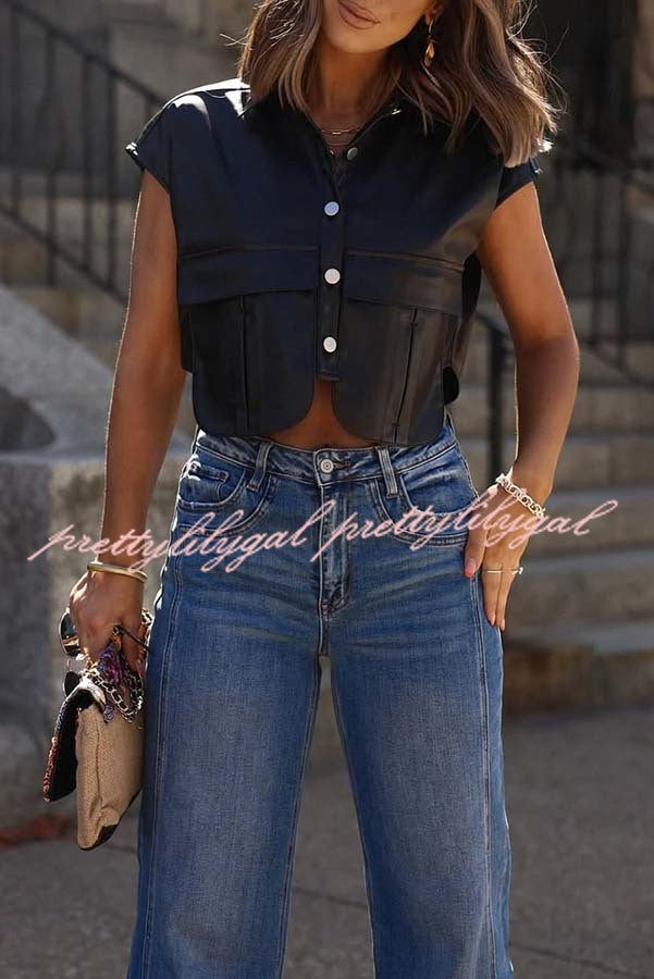 Stylish Weekend Faux Leather Button Up Cape Sleeve Pocket Crop Top