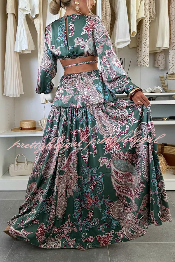 Gabbie Satin Paisley Print Cutout Elastic Waist Long Sleeve Full Hem Maxi Dress