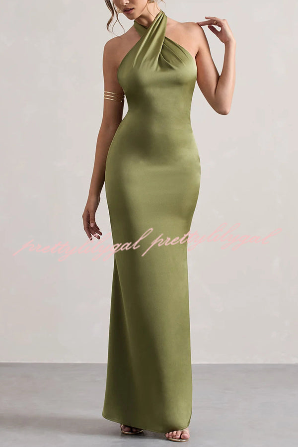 Solid Color Halter Neck Tie Sexy Backless Slim Maxi Dress