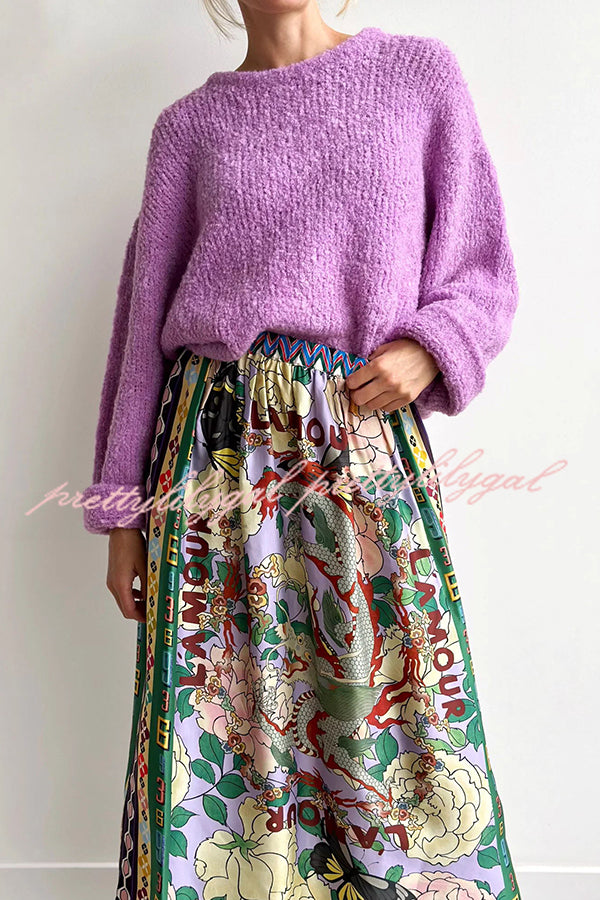 Dragon Season Unique Print Elastic Waist Pocketed Midi Skirt