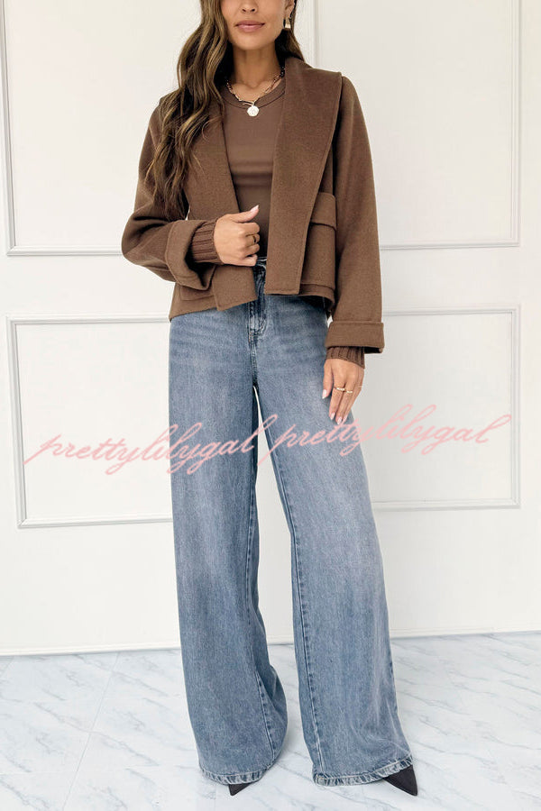 Comfortable Season Shawl Collar Open-front Long Sleeve Flap Pockets Crop Coat