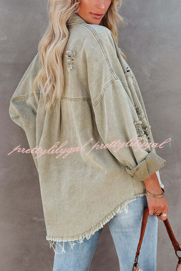 Stylish Lapel Long Sleeve Ripped Denim Jacket